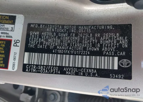 2015 Toyota Camry Hybrid Le из США, поврежденный, VIN 4T1BD1FK1FU172224